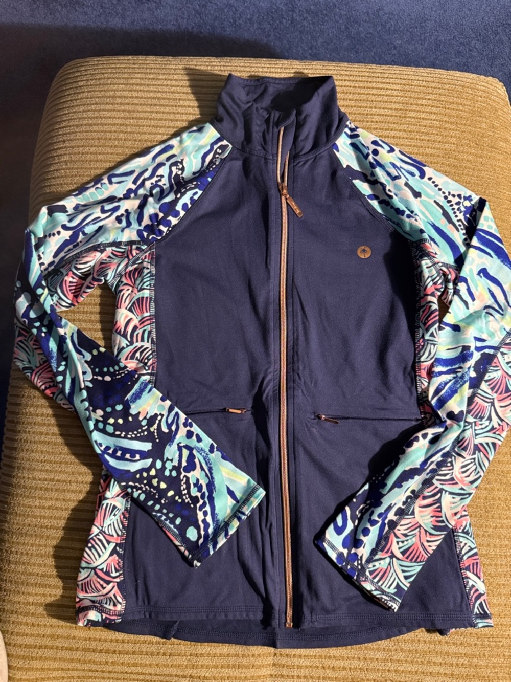 Lily Pulitzer Women's Navy Zip-Up Jacket with Patterned Sleeves